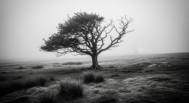  A gritty and atmospheric high-contrast black and white photograph of a gnarled, solitary tree on a desolate, foggy moor