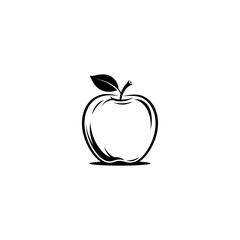 Elegant single apple outline illustration with a delicate leaf and stem, rendered in a clean black and white style with a subtle shadow effect. Perfect for representing healthy eating, fruit themes, a