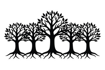 Obraz premium Group of Five Black Tree Silhouettes with Leaves and Roots on White Background
