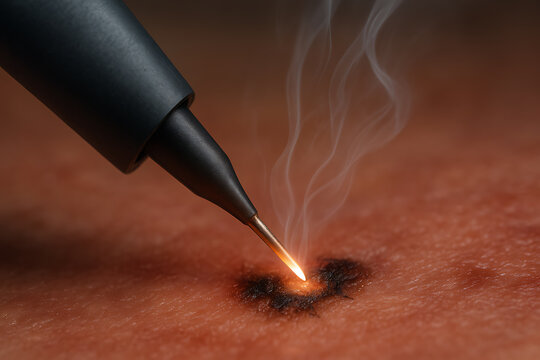 Electrosurgical cauterization tool burning tissue, producing heat and smoke during medical treatment.