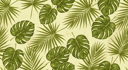 Seamless Pattern of Green Tropical Monstera and Palm Leaves on Textured Background