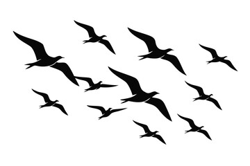 Fototapeta premium Silhouette of a Flock of Birds Flying in Formation Against a White Background