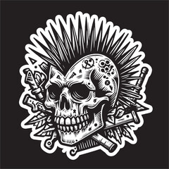 Punk Skull head black white ink vector illustration 