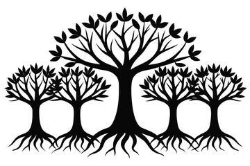 Fototapeta premium Silhouette of Five Trees with Leaves and Roots Isolated on White Background