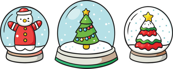 Vector art of three festive snow globes featuring a snowman, a christmas tree, and a decorated tree, isolated on a