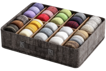 Organize your sock drawer with this stylish fabric storage box and wooden dividers on transparent background