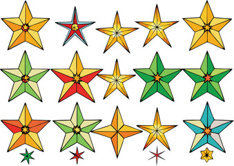 Obraz premium Vector art of collection of colorful stars in various sizes and shades, , ideal for festive holiday designs