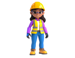 Fototapeta premium A smiling female character in a hard hat and high-visibility vest embodies safety and professional dedication.