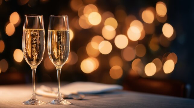 Two elegant champagne flutes on a table, with festive bokeh lights creating a celebratory atmosphere