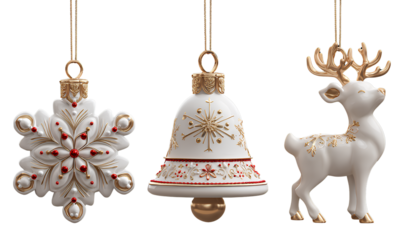 3D Christmas ceramic ornaments, white snowflake ornament with red and gold trim, angel bell decoration, reindeer figurine isolated on transparent background, cutout PNG
