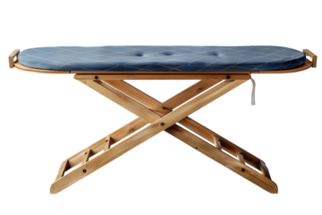 Stylish wooden ironing board with blue patterned cushion for laundry room organization on transparent background