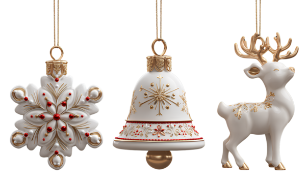 3D Christmas ceramic ornaments, white snowflake ornament with red and gold trim, angel bell decoration, reindeer figurine isolated on transparent background, cutout PNG