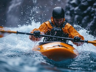 kayaker paddling through white-water rapids