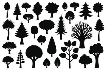 Tree Silhouettes Collection Diverse Forest Trees, Leaves, and Evergreen Shapes on White Background