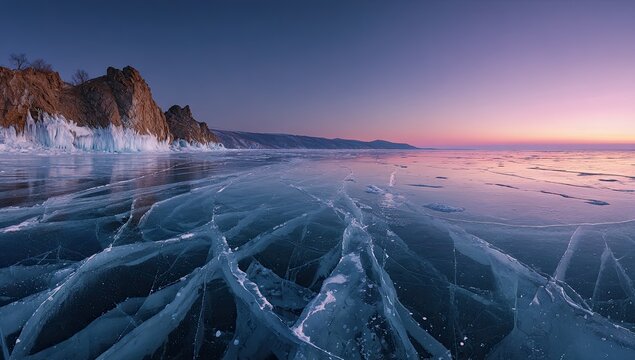 Frozen lake at sunset with cracked ice leading to cliffs. Twilight colors fill sky