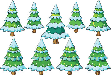Obraz premium Vector art of collection of cartoon christmas trees with snow on branches