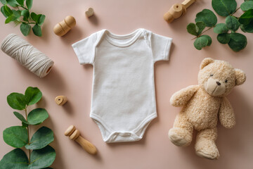 Adorable baby teddy bear and essentials for newborn care on pastel background