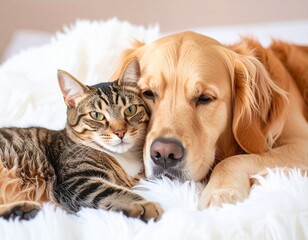 Dog and Cat Resting Together on Cozy Bed | Adorable Friendship