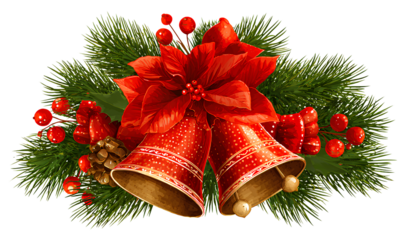 Christmas bells with red Christmas foliage and pine branches isolated on a transparent