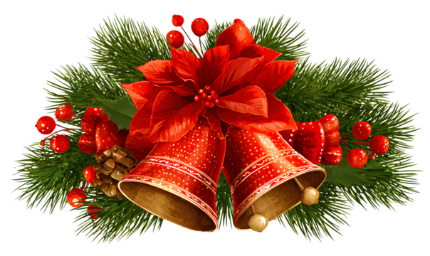 Christmas bells with red Christmas foliage and pine branches isolated on a transparent