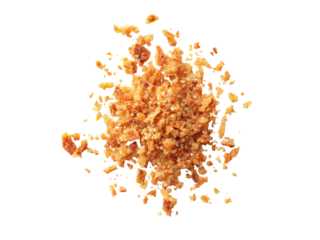 Golden brown crispy food fragments scattered against black crumbs texture, Isolated, Png Transparent Background