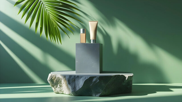 3D background with stone podium display. Nature rock pedestal with tropical palm leaf and shadow on green background. Cosmetic, beauty product promotion stand with plant. Studio 3D render illustration - Powered by Adobe