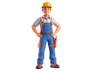 Fototapeta premium A friendly male construction worker in overalls and a hard hat stands confidently, ready for work.