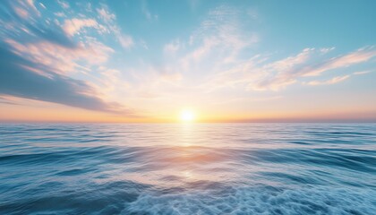 Fototapeta premium Tranquil Freedom: Abstract Sunrise Beach Landscape With Panoramic Ocean View And Calm Sunlit Horizon In Artistic Seascape Nature