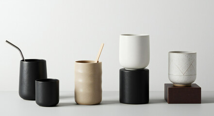 Modern ceramic cups and tumblers in various sizes and colors
