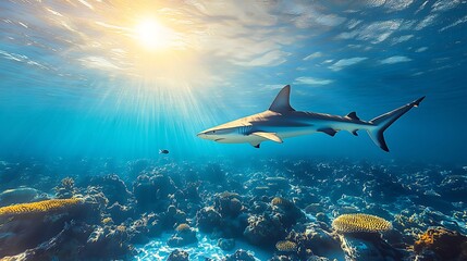 Naklejka premium Underwater Scene: Large Shark Swimming in Clear Azure Sea - Sunlight Penetrating Surface, Coral Reef, Sandy Seabed & Distant Small Fish