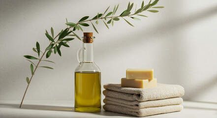 Natural olive oil soap and towels with green branch and sunlight shadows