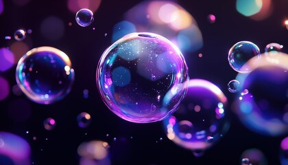 Realistic Iridescent Soap Bubbles On Black: Creative Poster Featuring Various Shapes And Sizes With Space For Text. Perfect For A4.