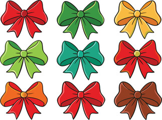 Obraz premium Vector art of collection of nine colorful decorative bows in various shades of red, green, yellow, orange, and brown, isolated on a for festive occasions