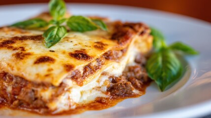 Deliciously layered lasagna topped with fresh basil, served on a white plate with a warm background