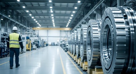 Fototapeta premium Industrial Factory Interior with Steel Coils and Worker | Manufacturing Plant with Metal Rolls for Production and Engineering
