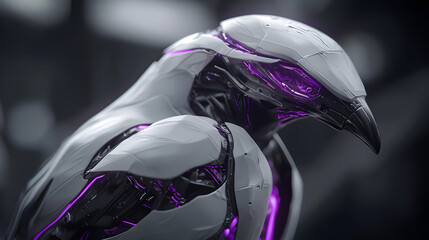 Naklejka premium Close Up Robotic Bird With Glowing Purple Details