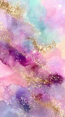 Fototapeta premium Pastel galaxy swirls with gold glitter. Abstract, dreamy, watercolor background