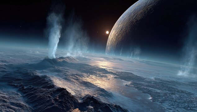 Geysers erupting on icy planet surface, space with distant moon visible. - Powered by Adobe