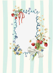 Watercolor template frame. Hand drawing border of strawberry, berries, countryside and picnic elements. Vintage print in cottage core style for design, restaurant menu