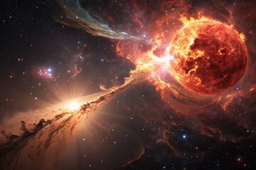 Obraz premium A breathtaking view of a fiery star surrounded by vibrant cosmic nebulas and countless stars.