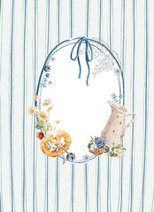 Watercolor template frame. Hand drawing border of fresh food, bakery, countryside and picnic elements. Vintage print in cozy cottage core style for design, restaurant menu
