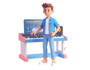 A smiling character, a young man, stands next to a vibrant music production setup, ready to create and mix tracks.