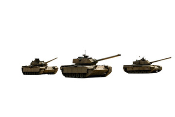 Three military tanks in formation isolated on white background