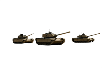 Three military tanks in formation isolated on white background