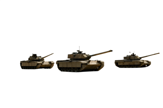 Three military tanks in formation isolated on white background
