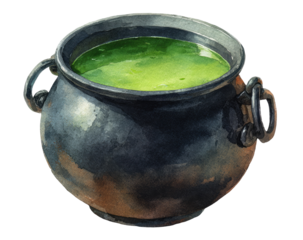 Dark, rounded cauldron filled with vibrant green liquid
