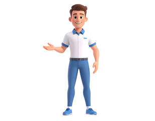 Friendly animated character in a polo shirt and blue pants smiles and gestures with an open hand.