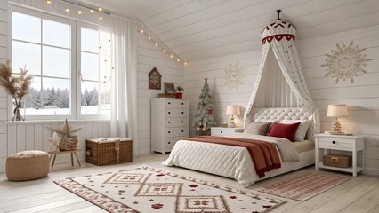 Photoreal Portland eco home kids room in bohemian design featuring warm bedside lamps and pearl white and cinnamon red palette