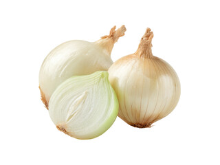 Whole and halved white onions with brown papery skins and pale green insides image, Isolated, Png Transparent Background