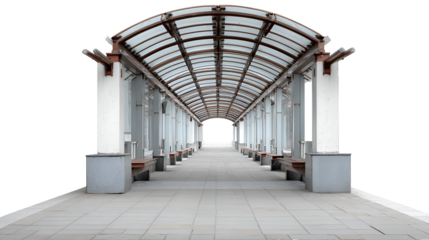 Long covered walkway with arched roof and columns isolated on transparent background